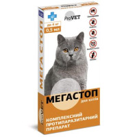 Краплі на холку для котів ProVET «Мега Стоп» до 4 кг, 4 піпетки (від зовнішніх та внутрішніх паразитів)