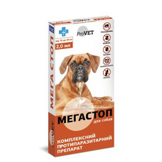 Краплі на холку для собак ProVET «Мега Стоп» від 10 до 20 кг, 4 піпетки (від зовнішніх та внутрішніх паразитів)
