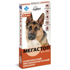 Краплі на холку для собак ProVET «Мега Стоп» від 20 до 30 кг, 4 піпетки (від зовнішніх та внутрішніх паразитів)