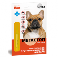 Краплі на холку для собак ProVET «Мега Стоп» від 4 до 10 кг, 1 піпетка (від зовнішніх та внутрішніх паразитів)