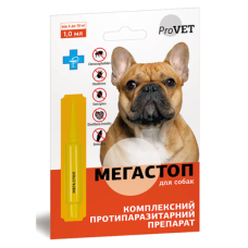 Краплі на холку для собак ProVET «Мега Стоп» від 4 до 10 кг, 1 піпетка (від зовнішніх та внутрішніх паразитів)