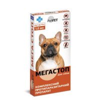 Краплі на холку для собак ProVET «Мега Стоп» від 4 до 10 кг, 4 піпетки (від зовнішніх та внутрішніх паразитів)